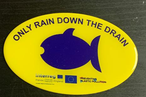 Yellow Fish marker - only rain down the drain - photo credit Preventing Plastic Pollution